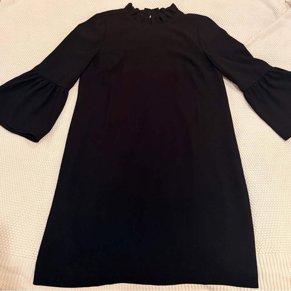 J. Crew Black Ruffle Neck A-Line Long Sleeve Dress in 365 crepe